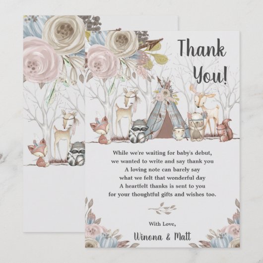 Whimsical Tribal Boho Woodland Animals Baby shower Bedankkaart (Voorkant / Achterkant)