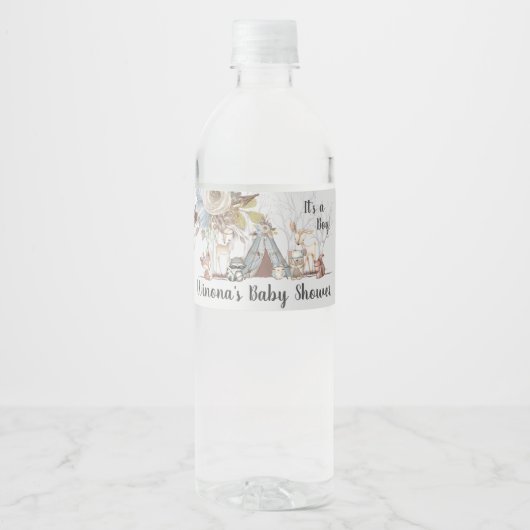 Whimsical Tribal Woodland Animals Boy Baby shower Waterfles Etiket (Voorkant)