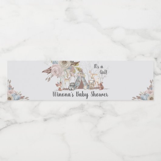 Whimsical Tribal Woodland Animals Meisje Baby show Waterfles Etiket (Enkel label)