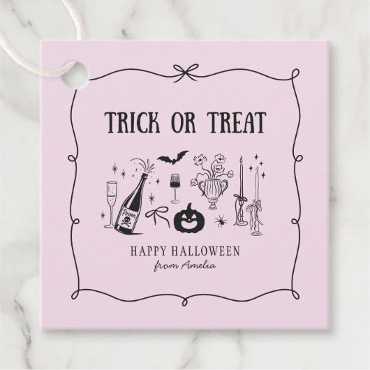 Whimsical Trick or treat, roze Halloween Bedankjes Labels (Voorkant)