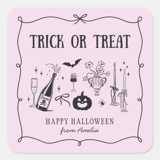 Whimsical Trick or treat, roze Halloween sticker (Voorkant)