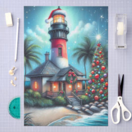 Whimsical Tropical Christmas Lighthouse Decoupage Tissuepapier