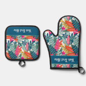 Whimsical Tropical Floral Leaf Print Ovenwant & Pannenlap Set (Voorkant)