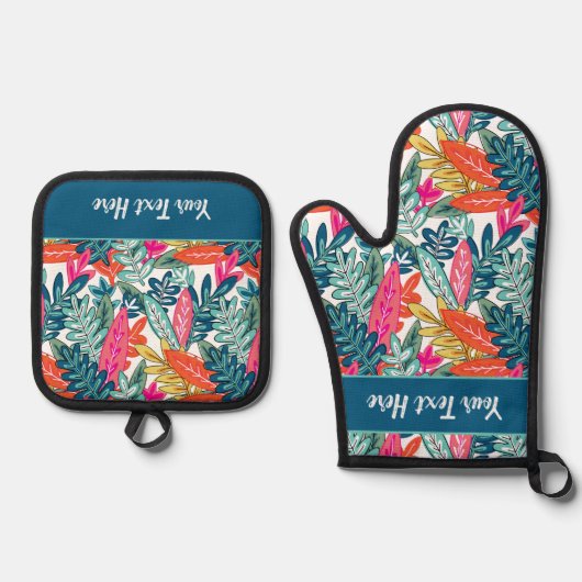 Whimsical Tropical Floral Leaf Print Ovenwant & Pannenlap Set (Voorkant)