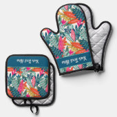 Whimsical Tropical Floral Leaf Print Ovenwant & Pannenlap Set (Voorkant / Achterkant)