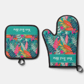 Whimsical Tropical Floral Leaf Print Ovenwant & Pannenlap Set (Voorkant)