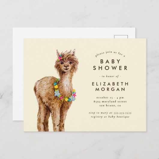 Whimsical Tropical Waterverf Alpaca Baby shower Uitnodiging Briefkaart (Voorkant / Achterkant)