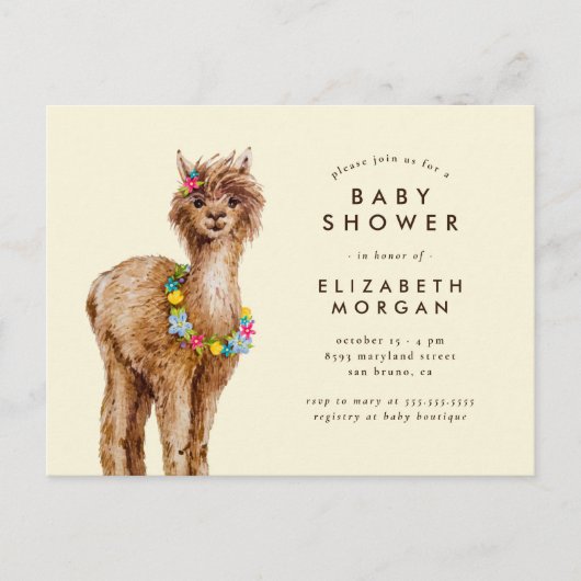 Whimsical Tropical Waterverf Alpaca Baby shower Uitnodiging Briefkaart (Voorkant)