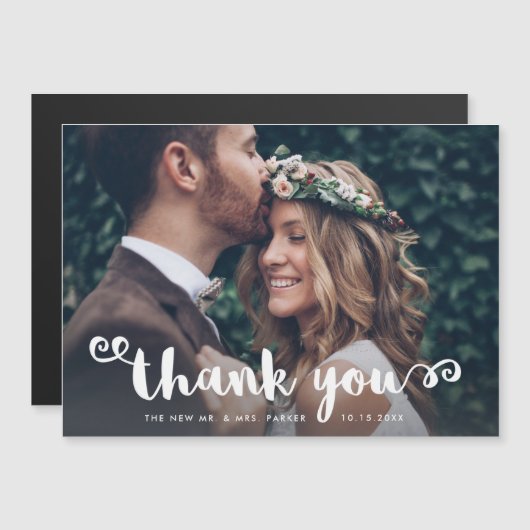 Whimsical Trouwfoto | Witte Script Bedankt Magnetische Uitnodiging (Voorkant / Achterkant)
