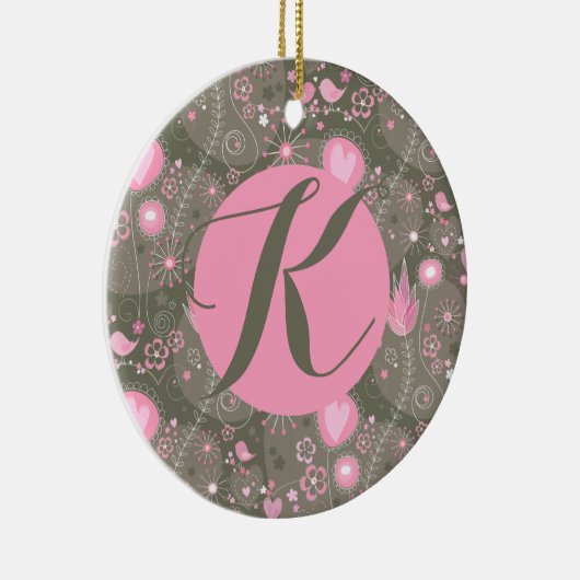 Whimsical Tuin Vogels Roze Olijf Monogram Letter Keramisch Ornament (Rechts)