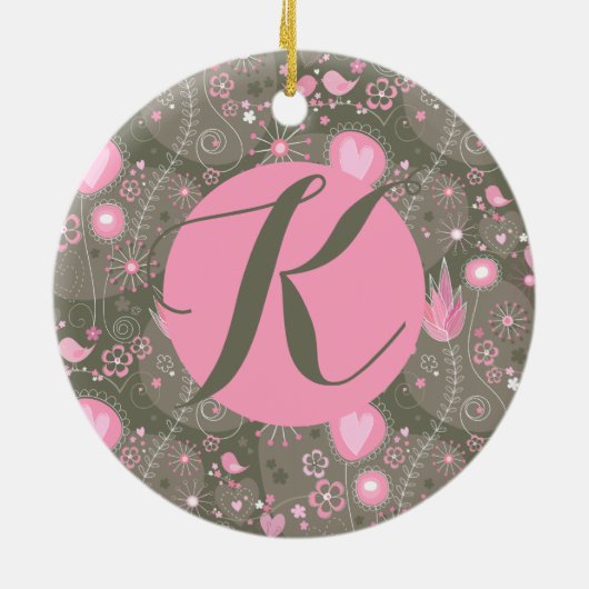 Whimsical Tuin Vogels Roze Olijf Monogram Letter Keramisch Ornament (Achterkant)