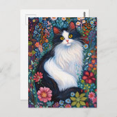 Whimsical Tuxedo Cat with Wildflowers Briefkaart (Voorkant / Achterkant)