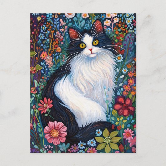 Whimsical Tuxedo Cat with Wildflowers Briefkaart (Voorkant)
