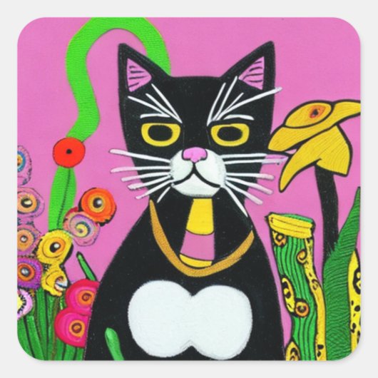 Whimsical Tuxedo Kat met Bloem Folk Art Vierkante Sticker (Voorkant)