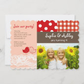 Whimsical Twin Birds Kant Verjaardagsfeest Uitnodi Kaart (Voorkant)