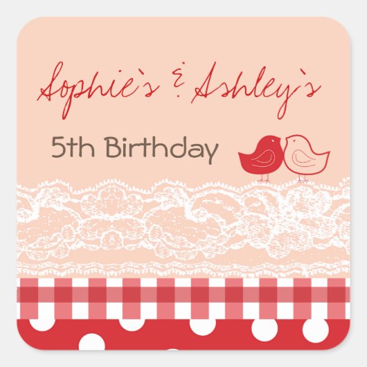Whimsical Twin Birds Lace Birthday Party Sticker (Voorkant)