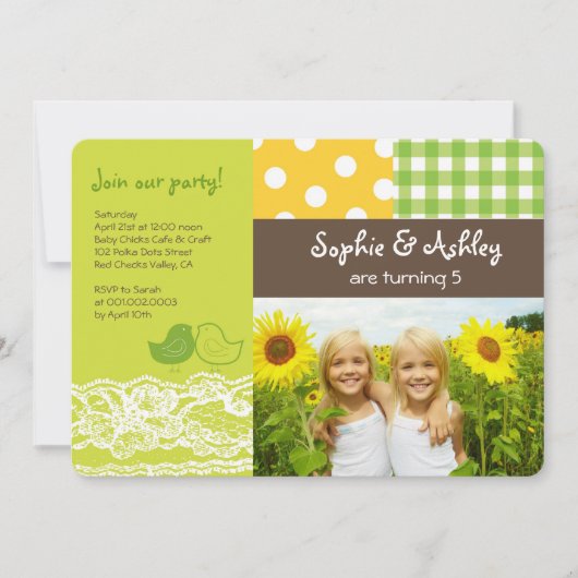 Whimsical Twin Birds Lace verjaardagsfeestfoto Kaart (Voorkant)