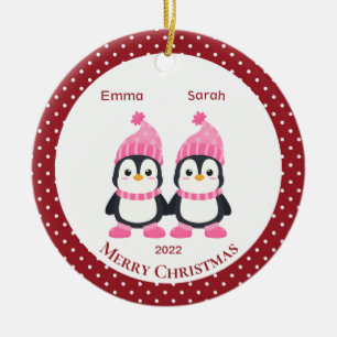 Whimsical Twin Sister Penguins Persoonlijk Keramisch Ornament