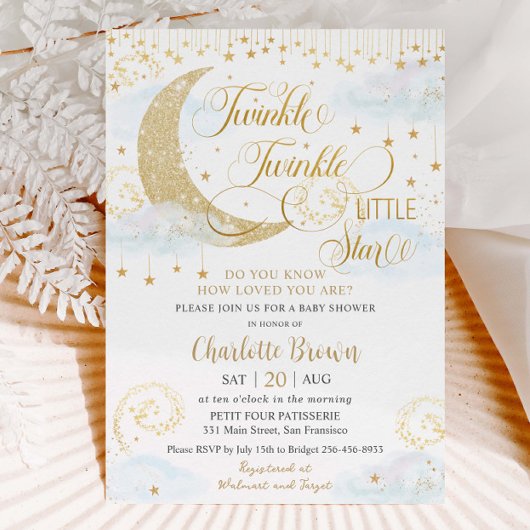 Whimsical Twinkle Little Star Blue Baby shower Kaart