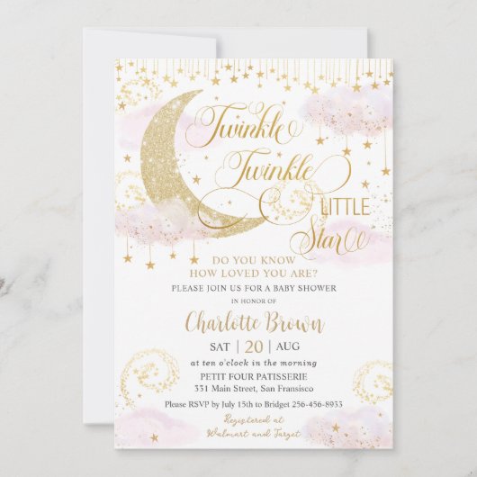Whimsical Twinkle Little Star Roze Baby shower Kaart (Voorkant)