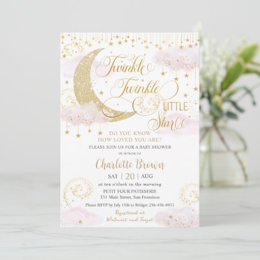 Whimsical Twinkle Little Star Roze Baby shower Kaart (Staand voorkant)