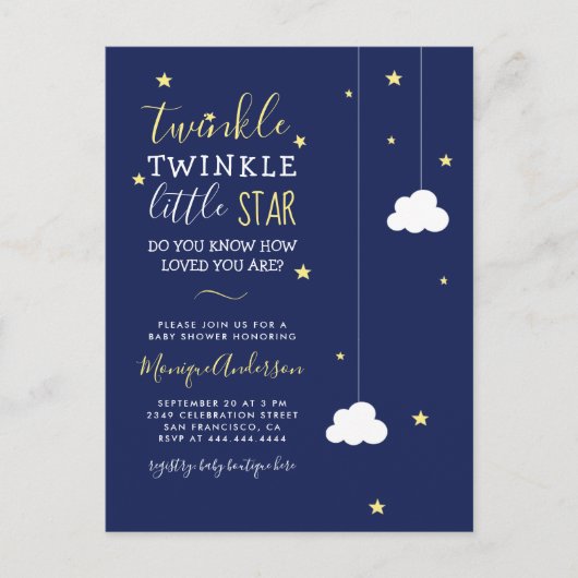 Whimsical Twinkle Twinkle Little Star Baby shower Uitnodiging Briefkaart (Voorkant)