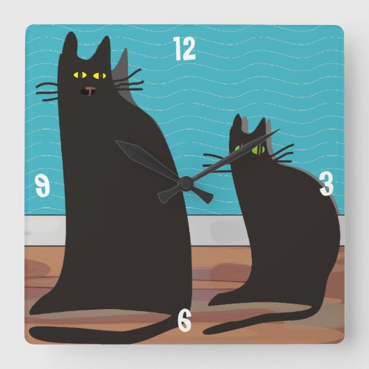 Whimsical Two Black Cats Art-klok Vierkante Klok (Voorkant)