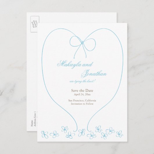 Whimsical Tying the Knot Save the Date: Blauw Aankondigingskaart (Voorkant / Achterkant)