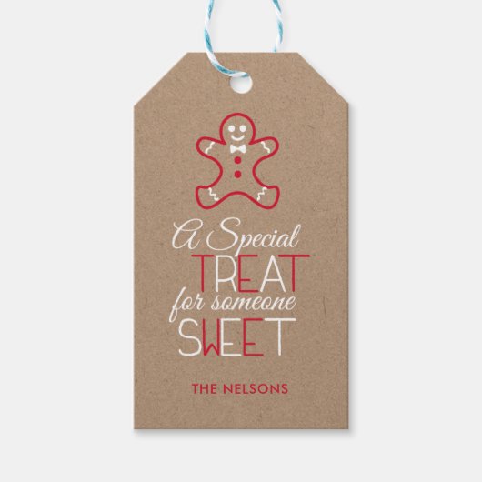 Whimsical Typografie Red en White Gingerbrood man Cadeaulabel (Voorkant)