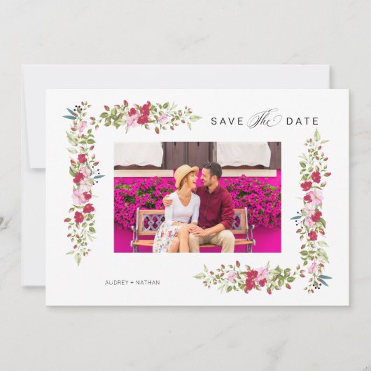 Whimsical Typography Red & Pink Shades Flowers Save The Date (Voorkant)