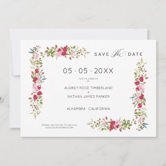 Whimsical Typography Red & Pink Shades Flowers Save The Date (Achterkant)