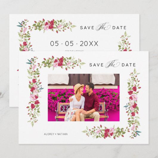 Whimsical Typography Red & Pink Shades Flowers Save The Date (Voorkant / Achterkant)