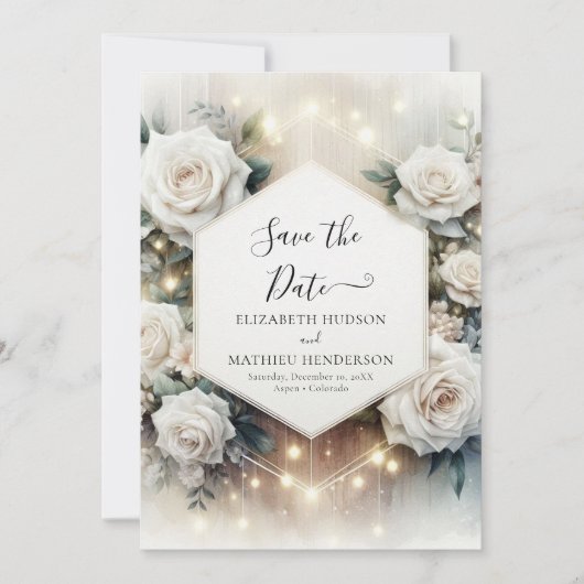 Whimsical Typography Witte Rozen bruiloft Save The Date (Voorkant)