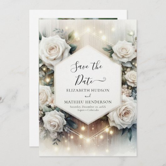 Whimsical Typography Witte Rozen bruiloft Save The Date (Voorkant / Achterkant)