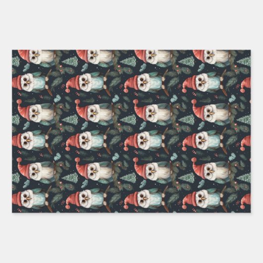 Whimsical Uil Christmas Pet Patroon Inpakpapier Vel (Voorkant)