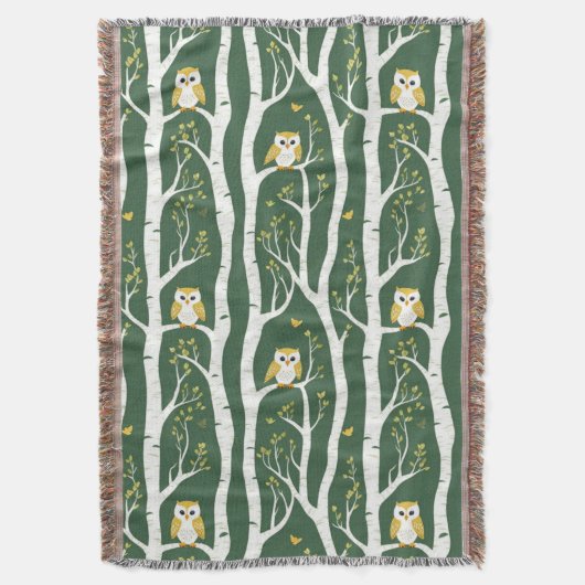 Whimsical Uil en Berkenboom Patroon Deken (Voorkant Verticaal)