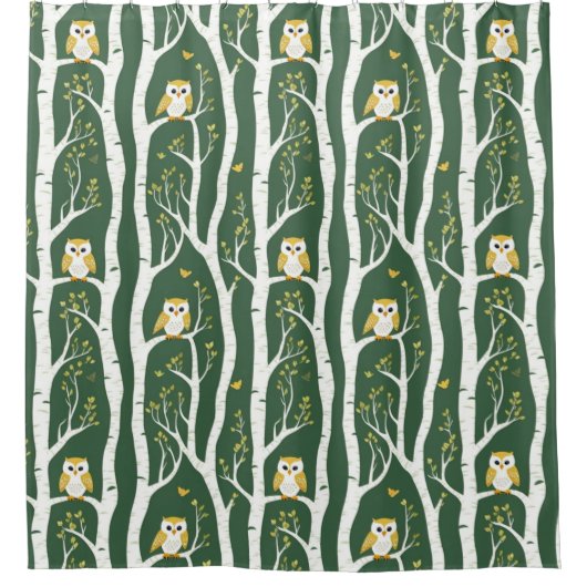 Whimsical Uil en Berkenboom Patroon Douchegordijn (Voorkant)