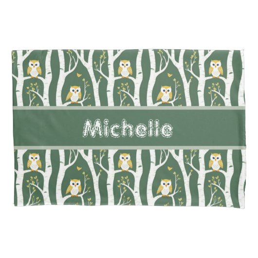 Whimsical Uil en Berkenboom Patroon Kussensloop (Voorkant-Links)