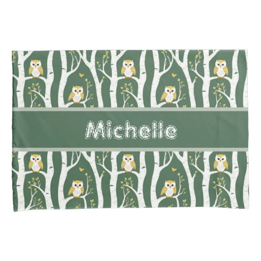 Whimsical Uil en Berkenboom Patroon Kussensloop (Voorkant-Rechts)