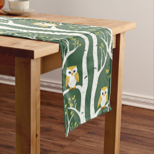 Whimsical Uil en Berkenboom Patroon Lange Tafelloper