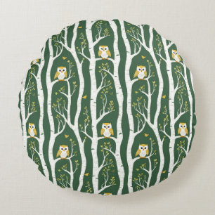 Whimsical Uil en Berkenboom Patroon Rond Kussen