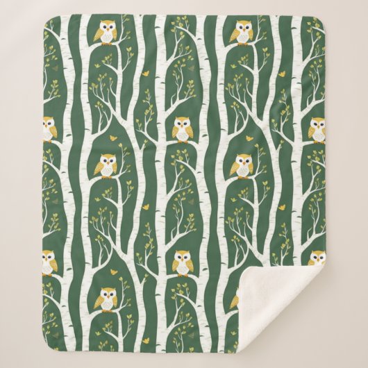Whimsical Uil en Berkenboom Patroon Sherpa Deken (Voorkant)