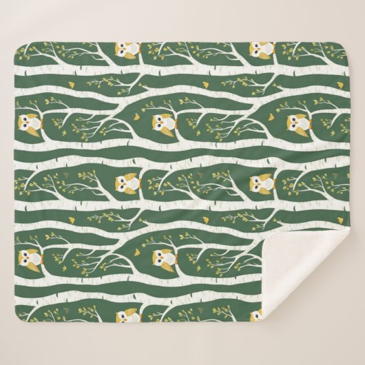 Whimsical Uil en Berkenboom Patroon Sherpa Deken (Voorkant (horizontaal))