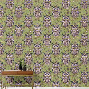 Whimsical Uil en Bloemen Melodie groen Behang
