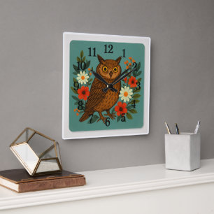 Whimsical Uil en bloemen vierkante wandklok