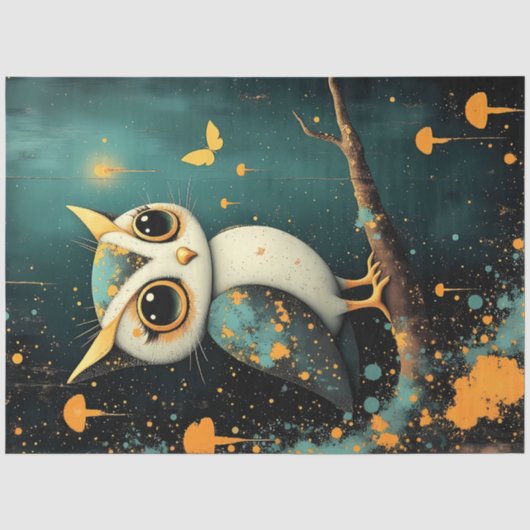 Whimsical Uil Fantasy Decoupage Papier in Teal  (Voorkant)