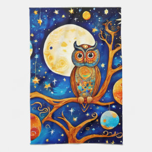 Whimsical Uil Hemellichamen: Sterren, Maan, Planet Theedoek