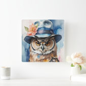 Whimsical Uil in Fedora Pet Vierkante Klok (Huis)