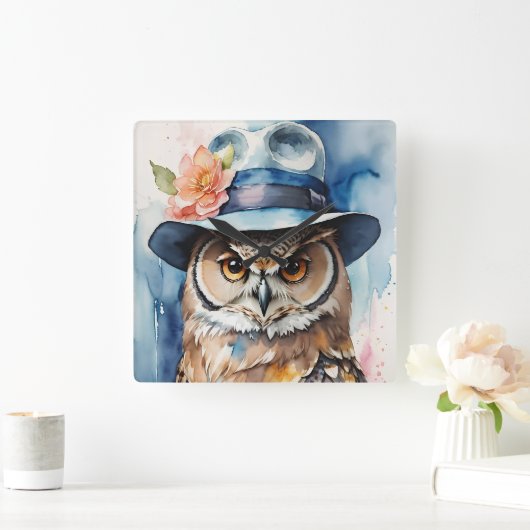 Whimsical Uil in Fedora Pet Vierkante Klok (Huis)