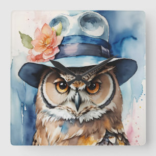 Whimsical Uil in Fedora Pet Vierkante Klok